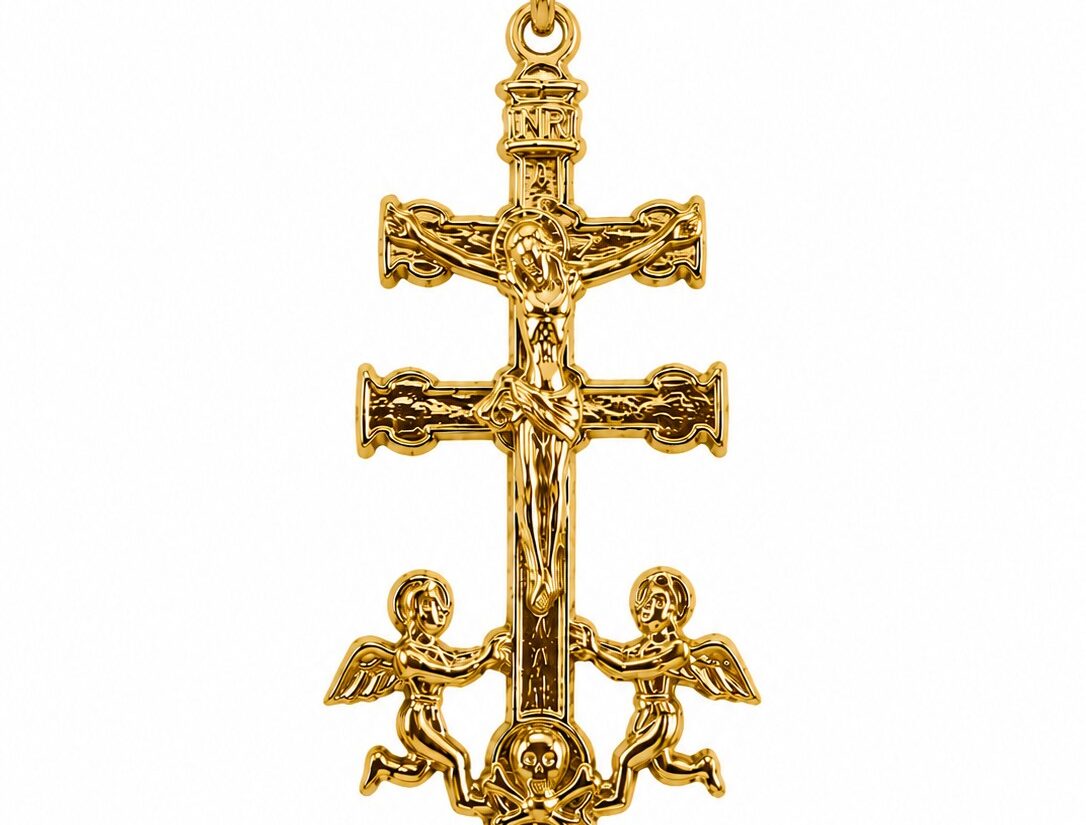 CRUZ CARAVACA ORO 18K CRISTO RELIEVE ÁNGELES