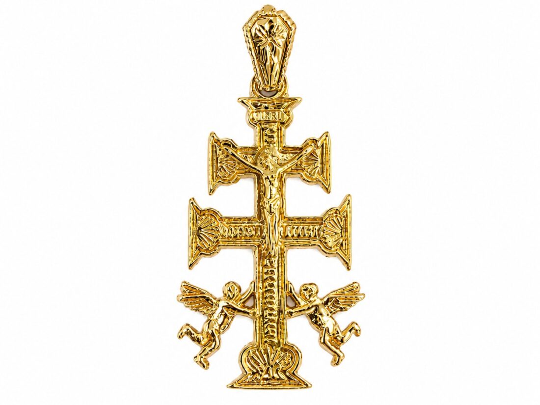 CRUZ CARAVACA ORO 18K CRISTO RELIEVE ÁNGELES